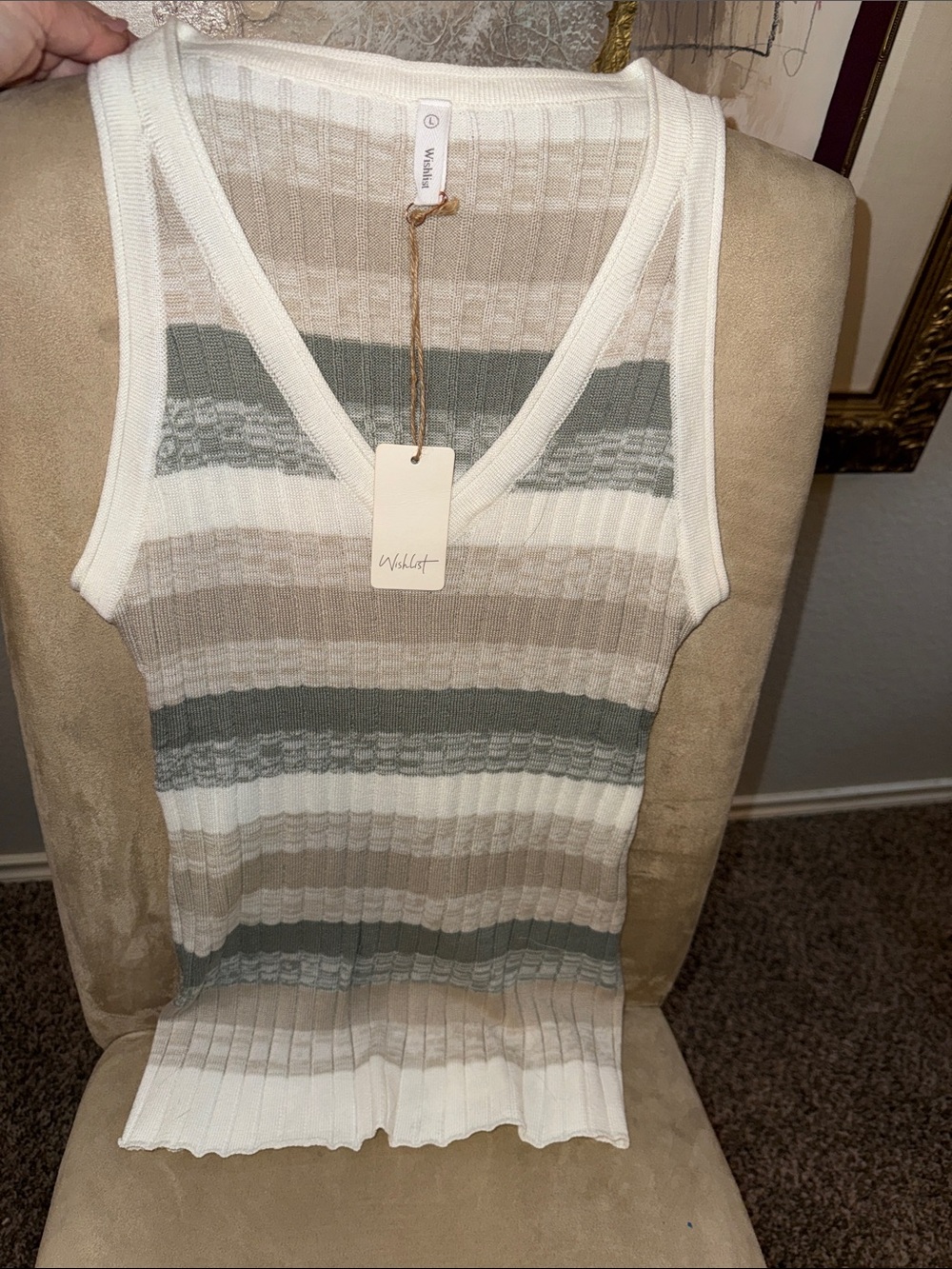 WishList Striped Ribbed V-Neck Tank in Cream, Taupe & Sage